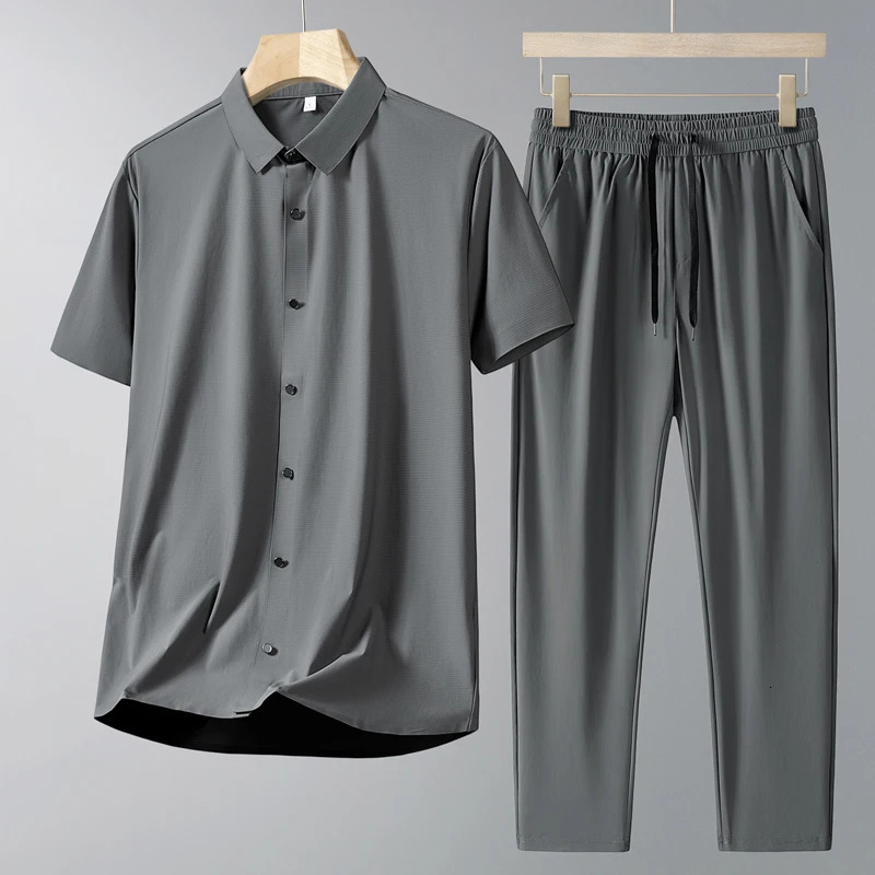 Men Short Sleeve Shirt Casual Sport Outfit For Middle Aged Dad Bamboo Fiber Polo Shirt And Pants Two Piece Set 260324