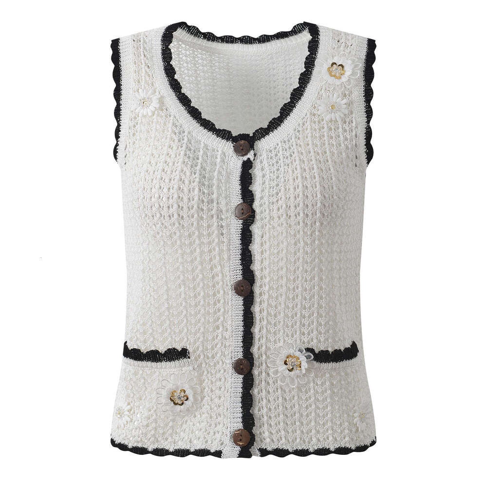 Summer New Style Fresh and Sweet Slim Fit Hollow Short Knit Vest Top with Three-Dimensional Beaded Flower Decoration