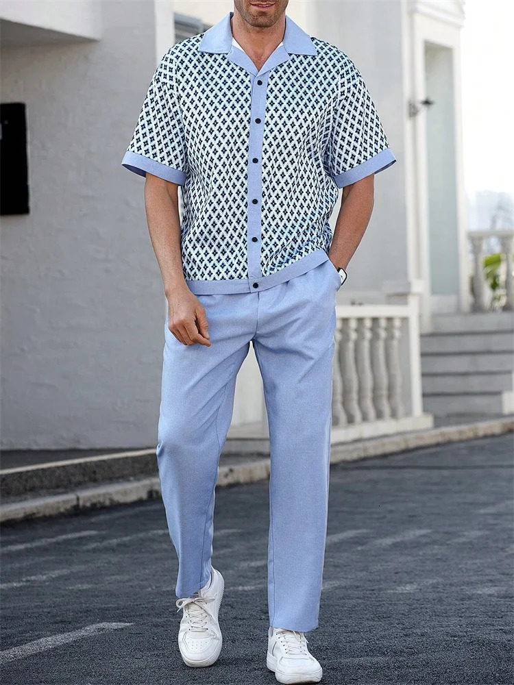 Light Blue Striped 3D Printed Mens Autumn Shirt Set Outdoor Sports Casual Mens Lapel Shirt And Casual Trendy And Fashionable 260330