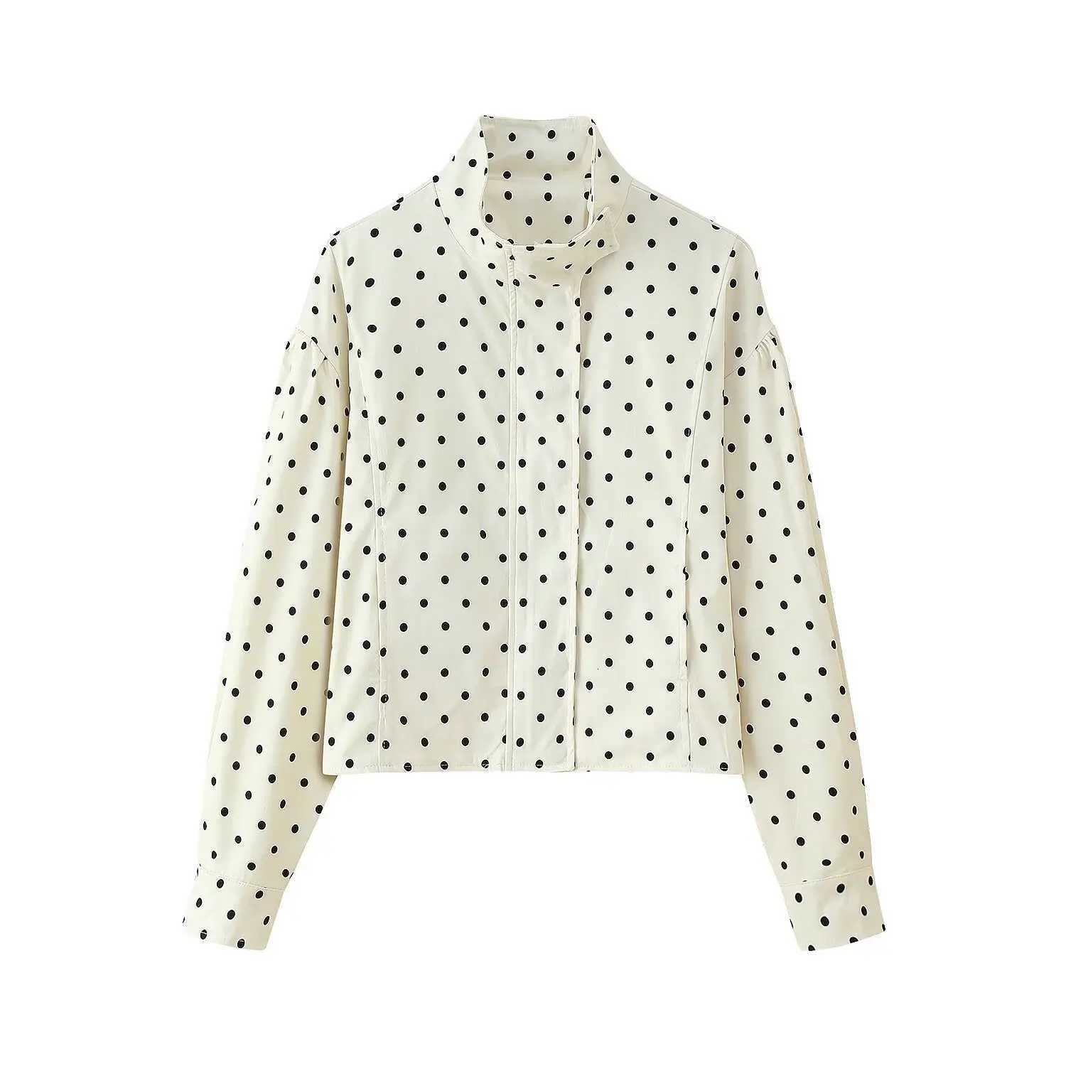 Polka Dot Print Stand Neck Short Jacket Coats Women Casual Long Sleeve Zip Jackets 2026 Spring New Elegant Ladies Outerwear TopsT260328