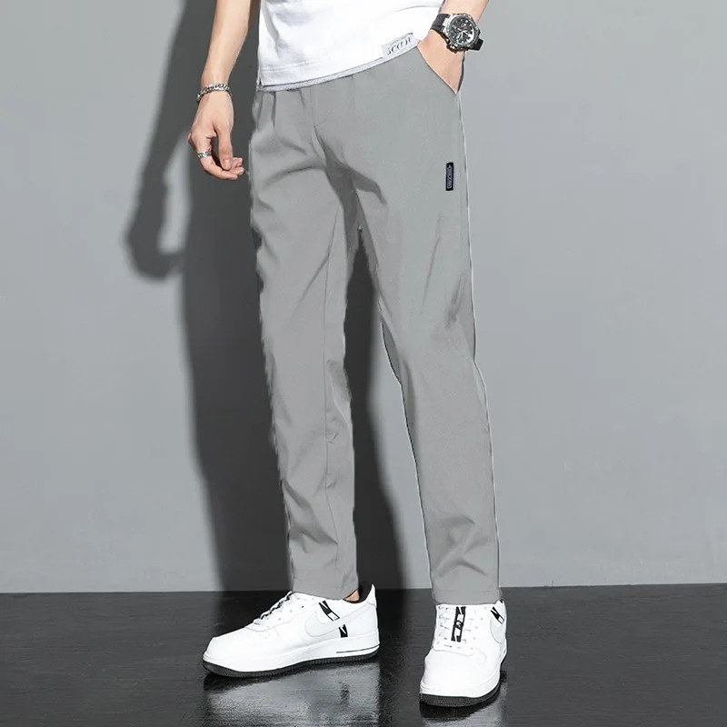Ice Silk Mens Pants Summer Black Gray Thin Business Casual Pants Outdoor Elastic Breathable Straight Leg Sweatpants 260330