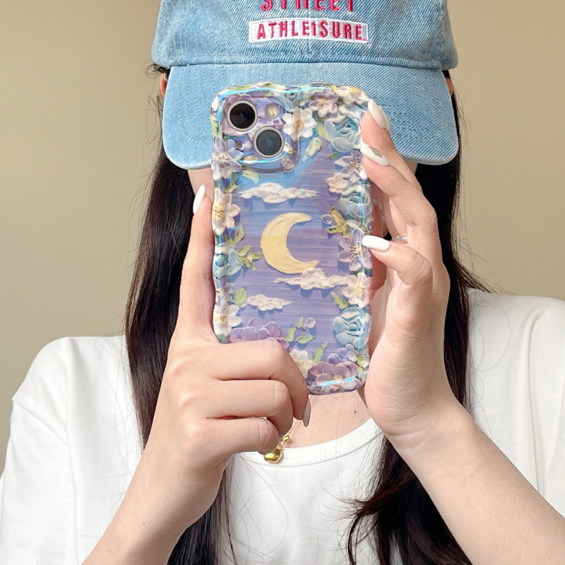 Applicable to Apple mobile phone case iPhone blue light oil painting flower spring Korean new Internet celebrity