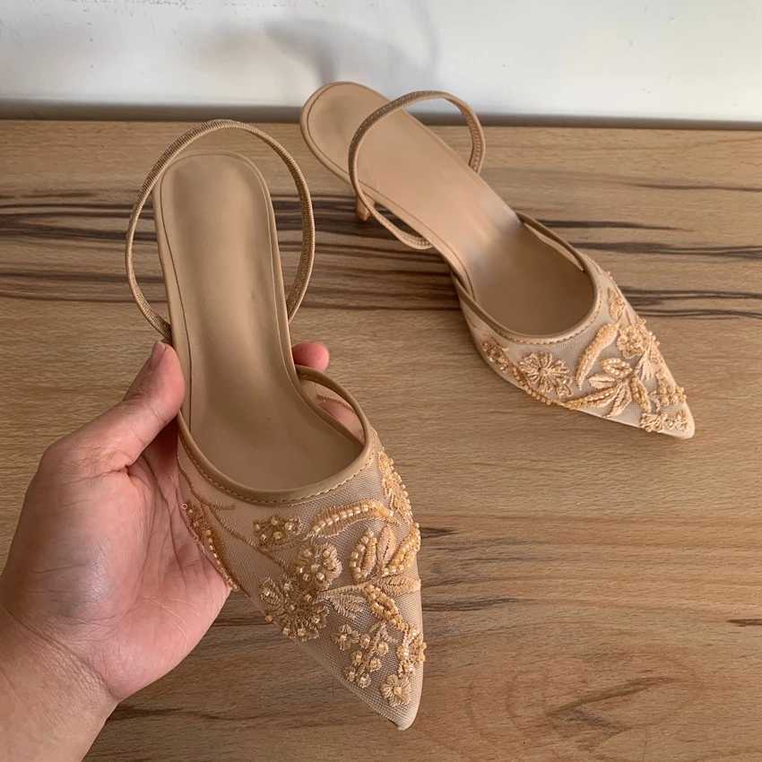Mesh Embroidered Flowers High Heels Sandals Women 2025 Summer Sexy Slingback Pointed Toe Pumps Dress Shoes Sandalias De Mujer Z260330