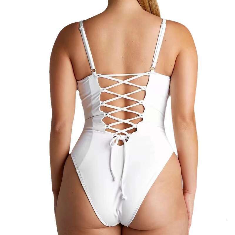 New European and American cross-border women's tank top swimsuit with straps, open back, lace-up, plus size, sexy, solid color, triangle one-piec