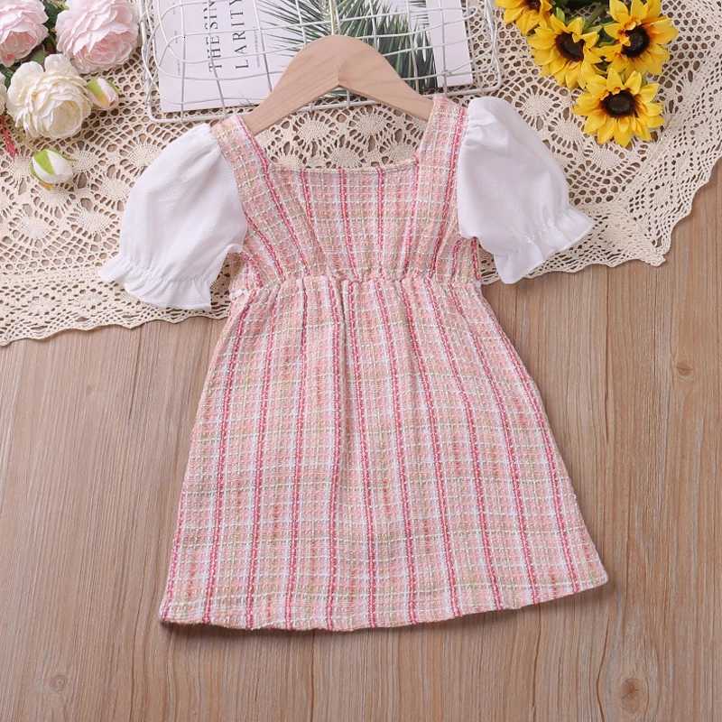 Humor Bear Kids Clothes Checked Pearl Buckle Floral Dress Cute Princess Dress Puff Sleeves With Small Fragrance DressT260330