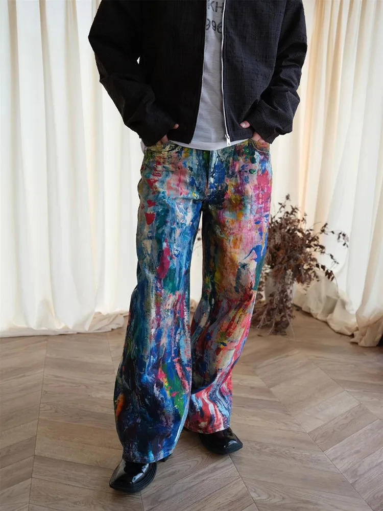 Ropa Y2K Streetwear Graffiti Painting Baggy Jeans Pants For Men Clothes Colorblock Wide Leg Denim Trousers 260326
