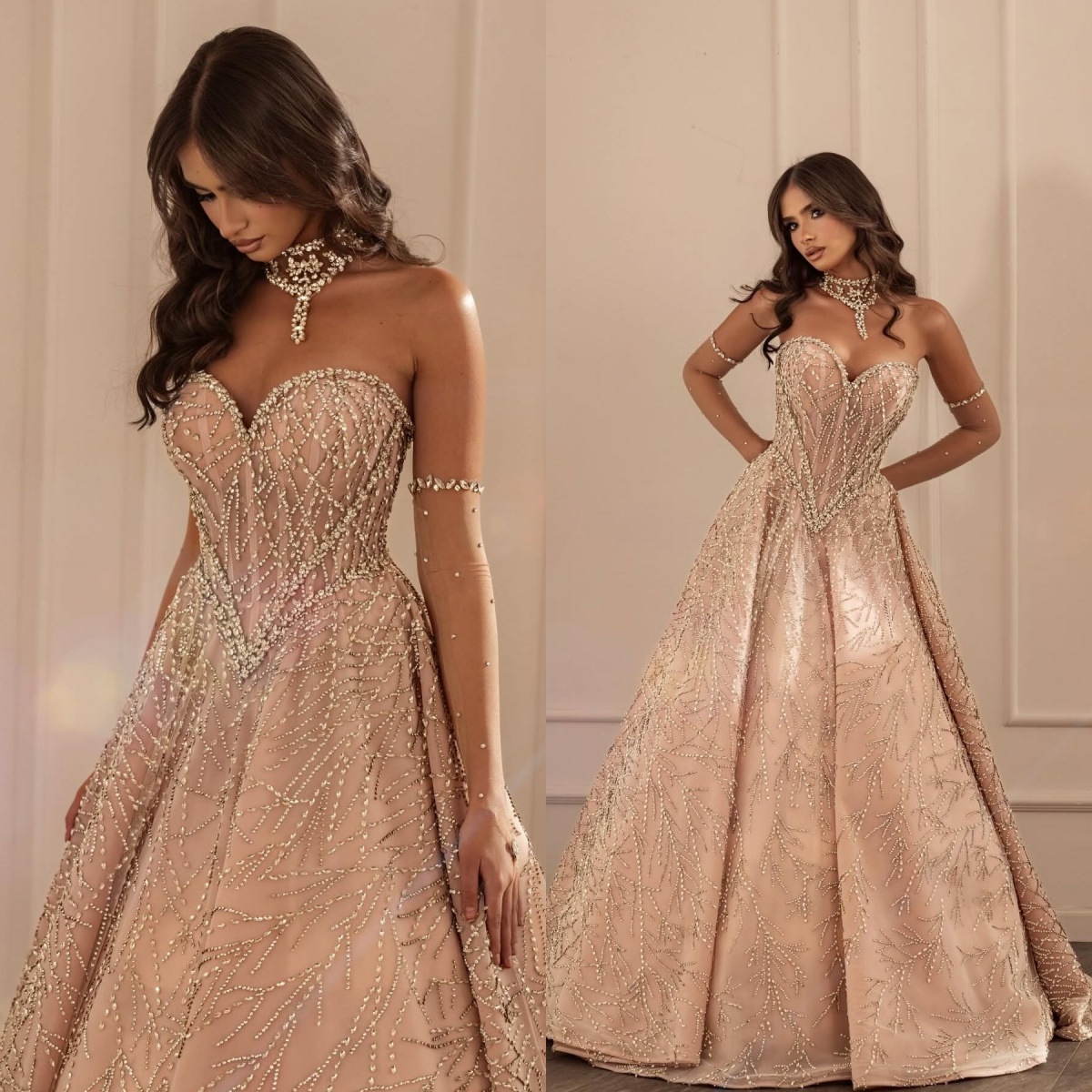 Exquisite Prom Dress V-Neck Bridal Dresses Sexy Shine Crystal Sequins Lace Evening Dress Customized Floor Length Party Gown vestido de novia