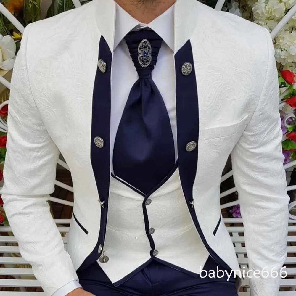Print White and Blue Wedding Tuxedos 3 Pieces Slim Fit Mens Suit for Special Occasion Contrast Color Business Prom Wear