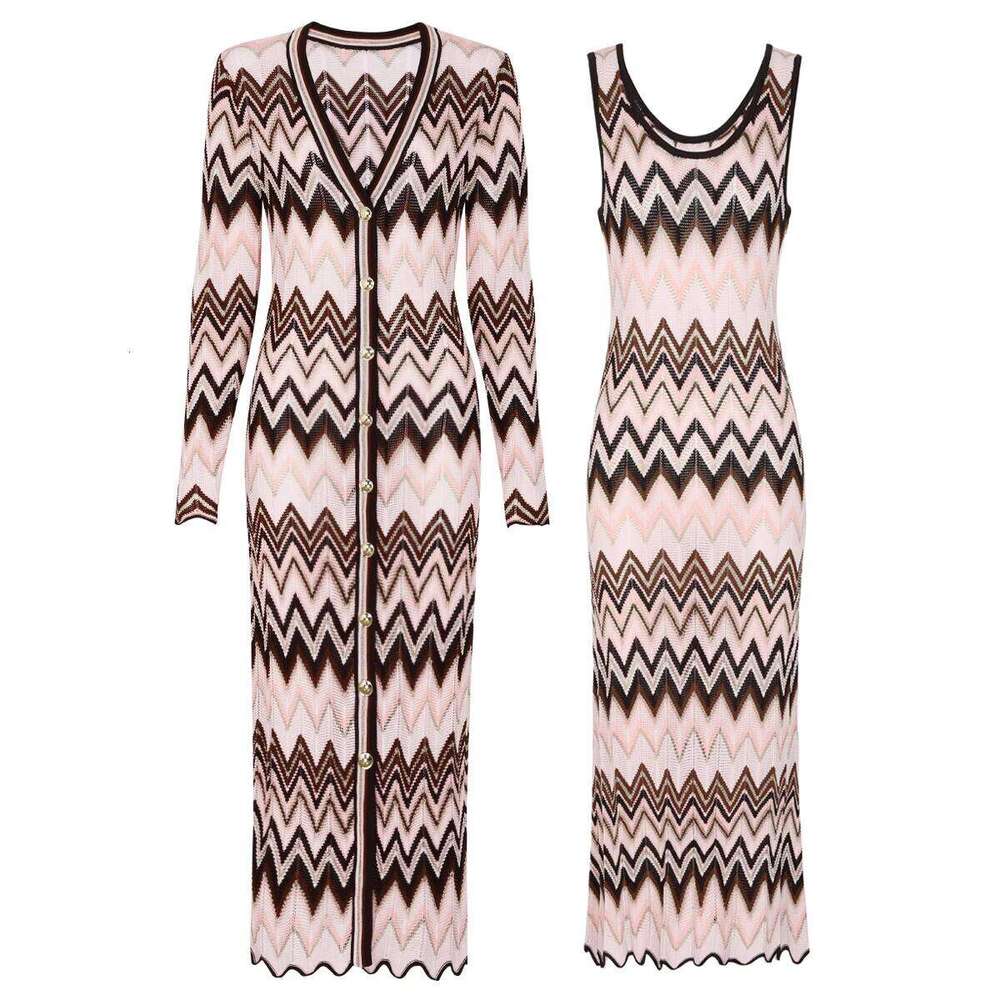High-Quality Spring And Autumn Fashion Elastic Knitted Sleeved Cardigan Long Coat+Sleeveless Dress Women's Set Mdng260330