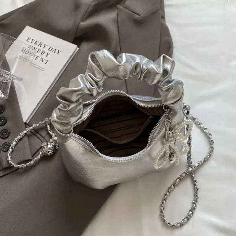 Hot Y K New Underarm Bags For Women Pleated Handle Design Ladies Pearl Bow Handbag Adjustable Strap Shoulder Crossbody Bag XIU LAI SI