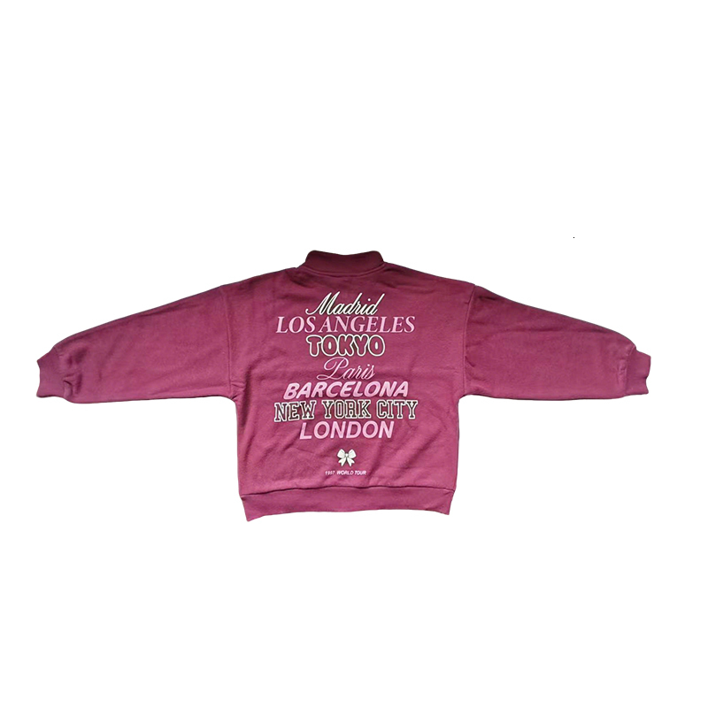 Kids Girls Pink Half Zip Sweatshirt, "97 WORLD TOUR" City Print Pullover with Bow Detail