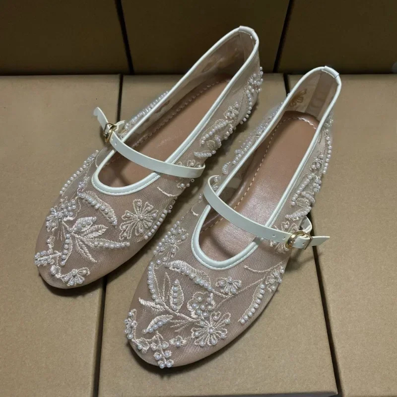 Black Mesh String Bead Ballet Flats Women Elegant Embroider Flower Buckle Mary Jane Shoes Comfort Round Toe Shoes 260323