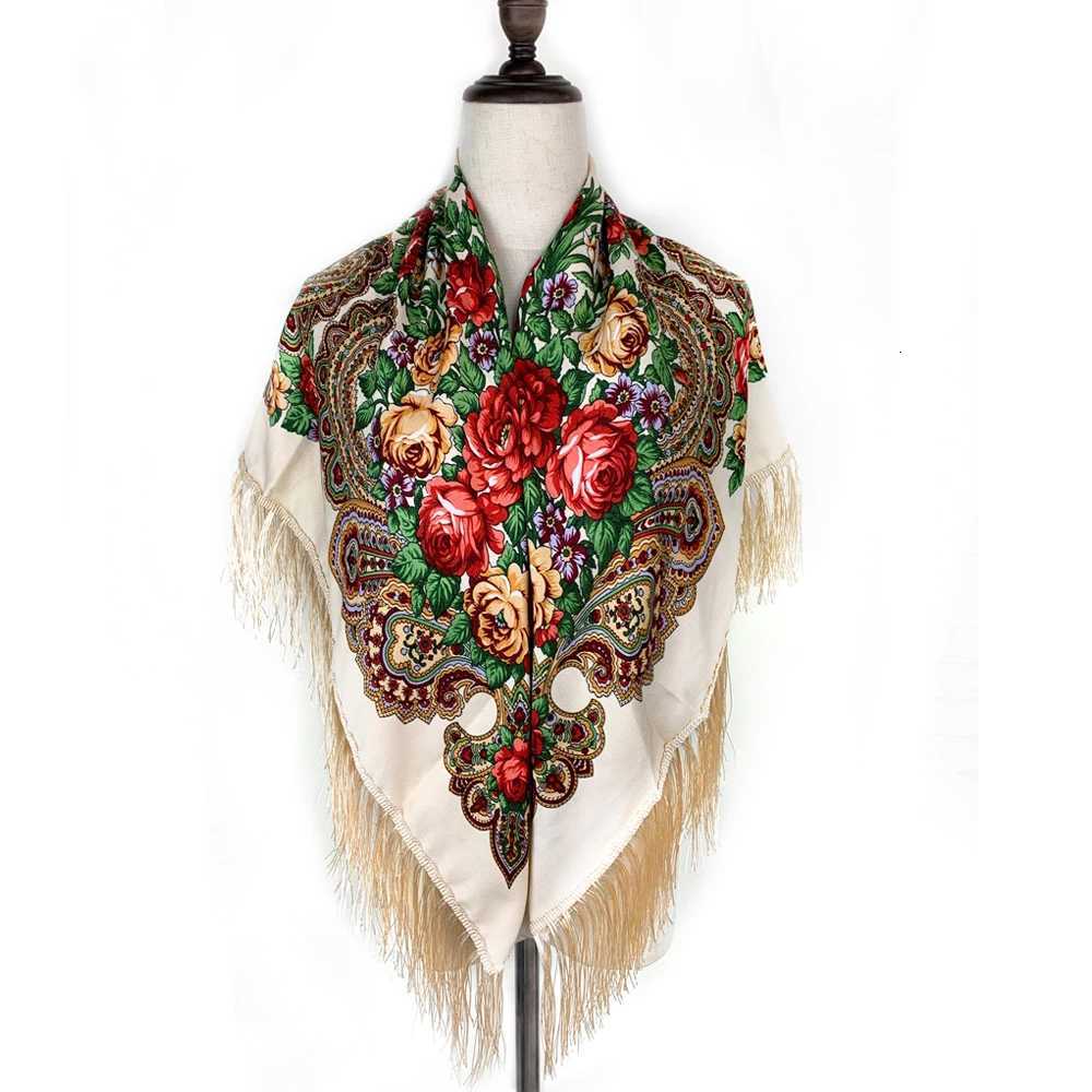 115115cm Luxury Floral Print Russian Square Scarf Wen Traditional Ukrainian Fringed Shawl Bandana Babushka Wraps X260328