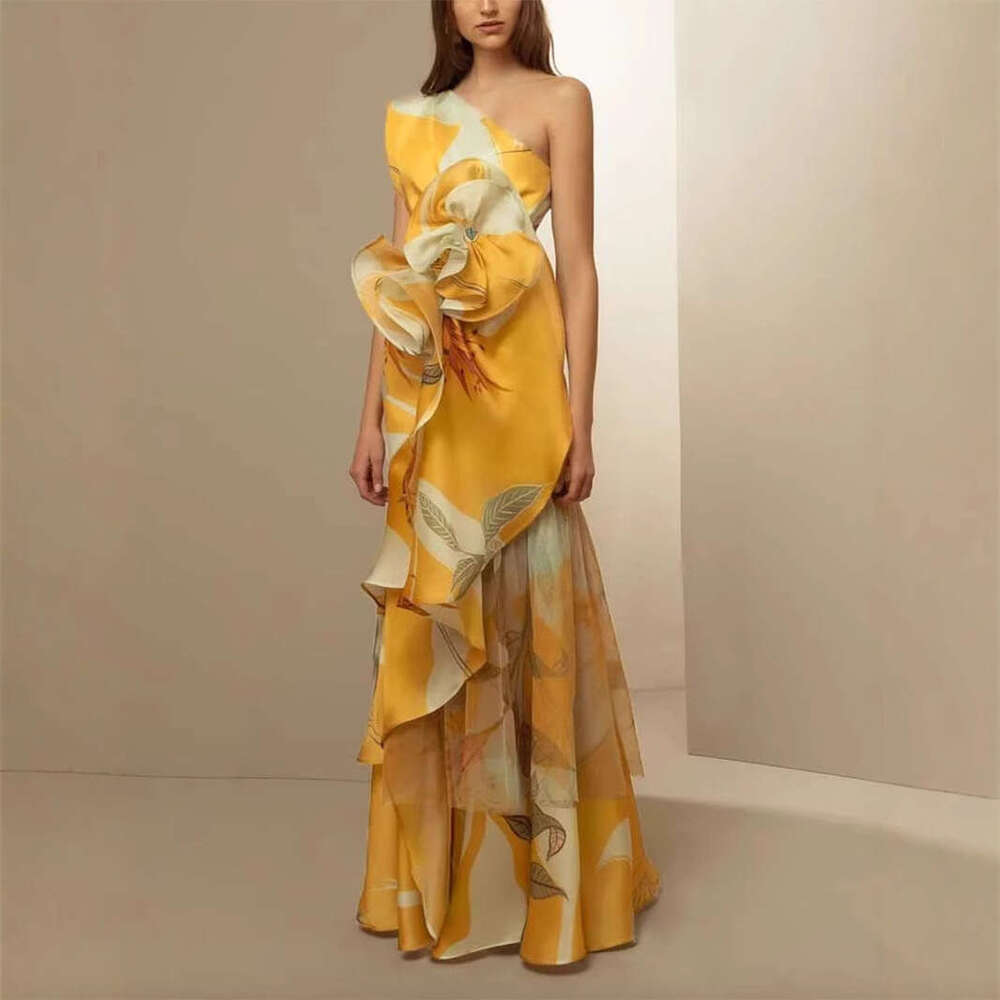 European Style Cross-Border Summer New French Retro High-Waist Elegant Casual Printed Off-Shoulder Dress