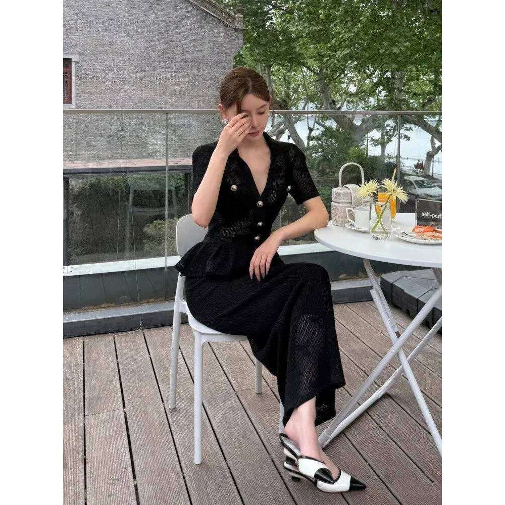 Knitted Hollow Out Midi Dress Viscose Nylon Boho Beach Calf Length Straight Hem Summer Ruffled Trim Mdng260330