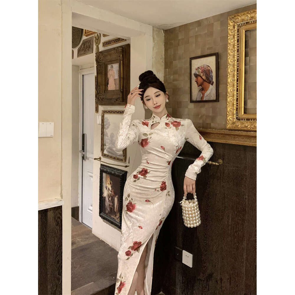 New Elegant Velvet Print Contrast Color Slim Waist Bodycon Skirt Chinese Style Modified Cheongsam Dress Qipao Hanfu Silk