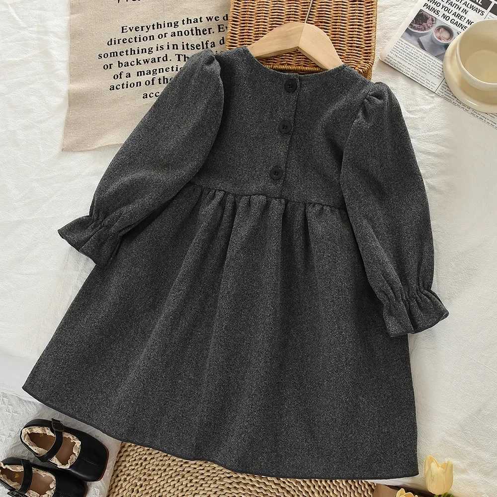 Bear Leader Grey Girls Casual Dresses Spring and Autumn Solid Color Long Sleeved Kids Dress Daily Simple Childrens ClothingT260330
