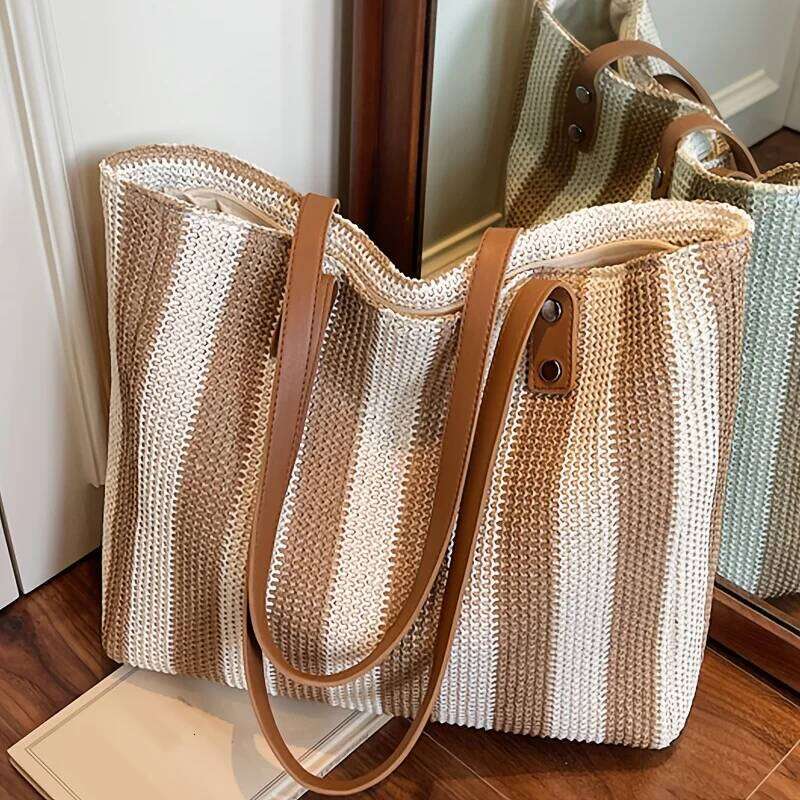 New Women S Fashion Classic Striped Pattern Retro Single Shoulder Bag Large Capacity And Versatile Straw Woven Multi Compartmen XIU LAI SI
