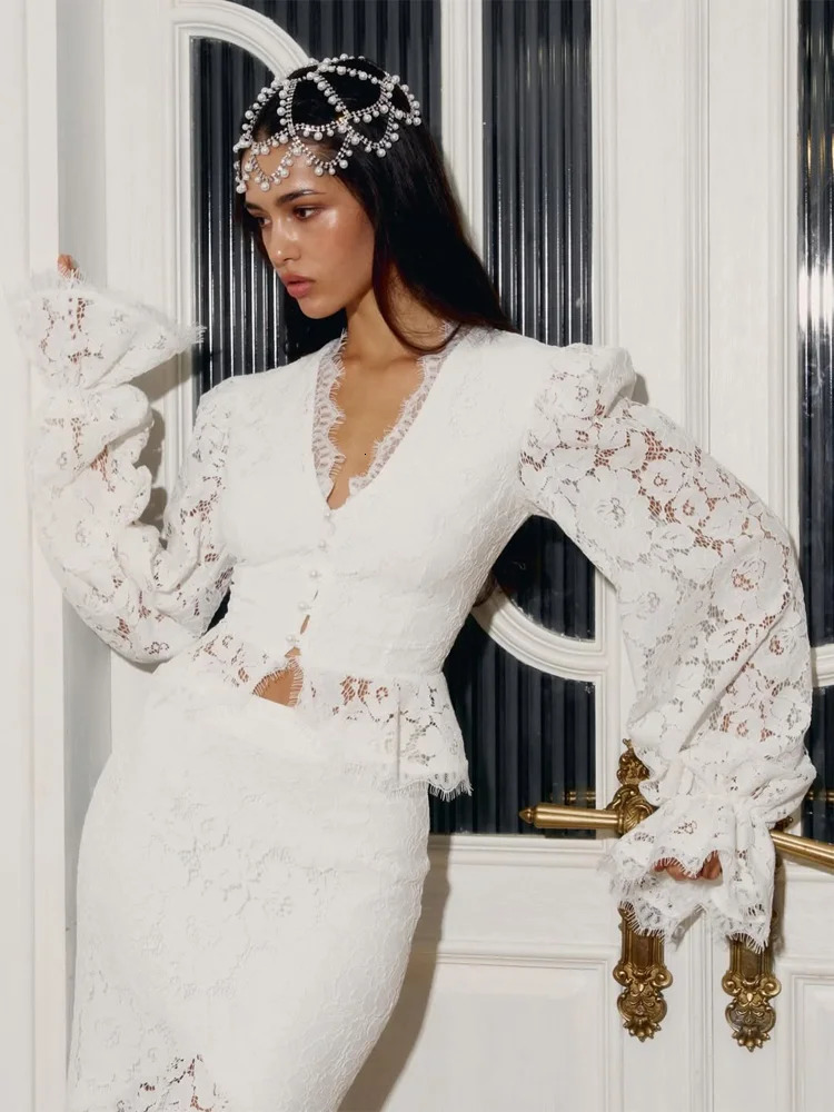 White Lace Patchwork Long Skirt Set Women Chic Full Flared Sleeves V-neck Slim Cropped Sets 2026 Lady Spring Evening Party Wear 260327