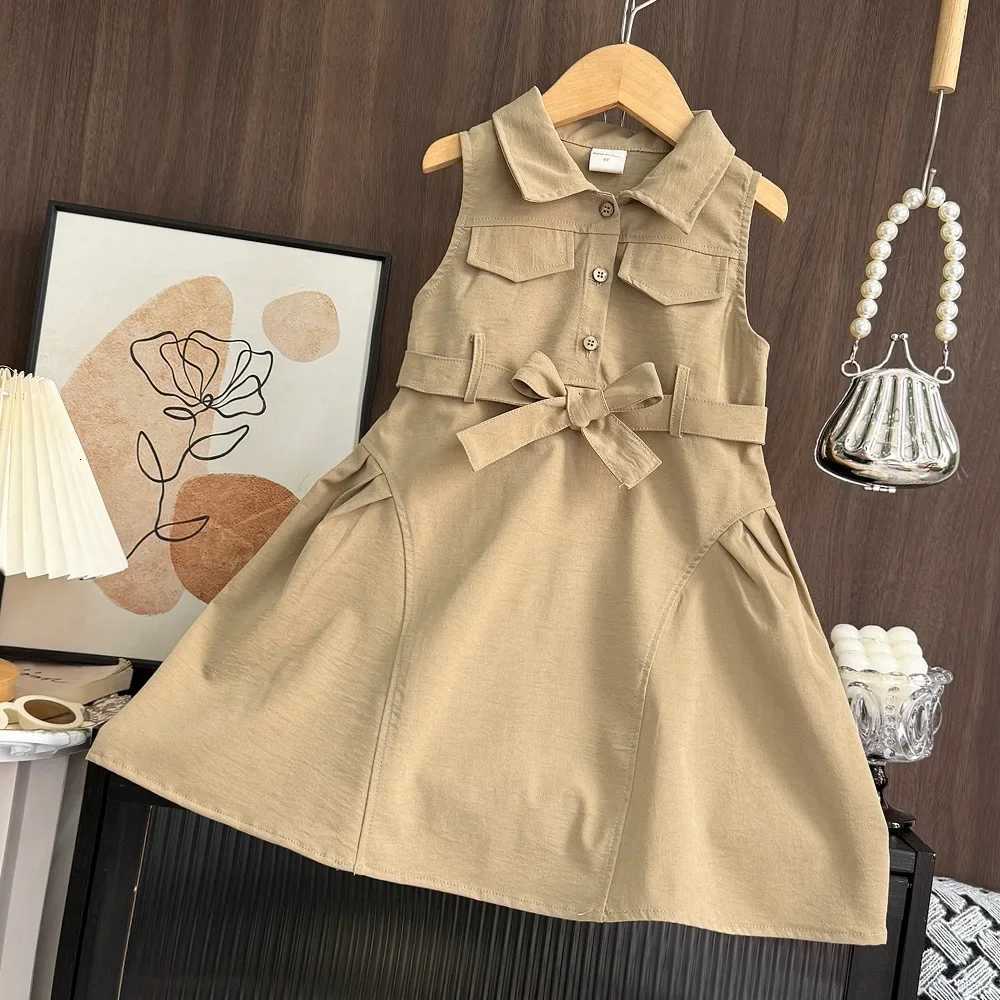 Korean Version Khaki Girls Casual Dresses Sleeveless Flip Collar Workwear Kids Dress Summer New Solid Color Childrens ClothingT260330