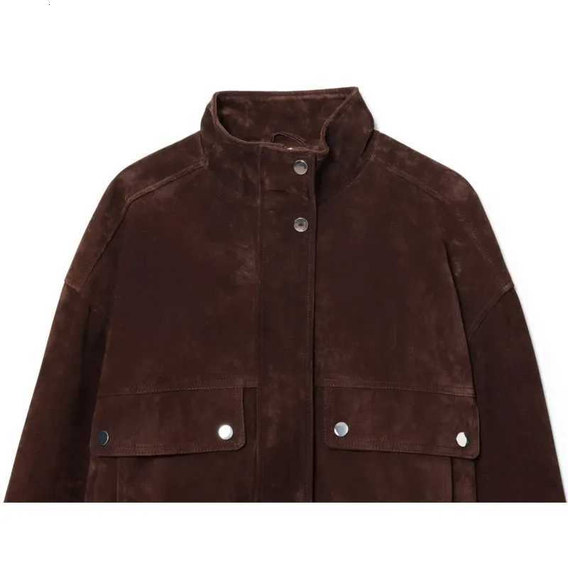 Women Suede Leather Jacket with Pockets Autumn Fashion High Collar Long Sleeve Button Jacket Lady Coats Causal Female Chic TopsT260328