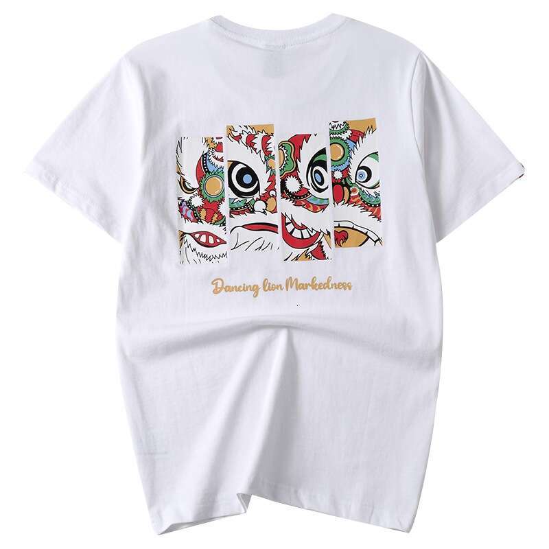 2026 Spring/Summer New Arrival: Unique Trendy Brand Lion Print Top, Chinese Style Pure Cotton Plus Size Round Neck Short Sleeve T-Shirt for Men