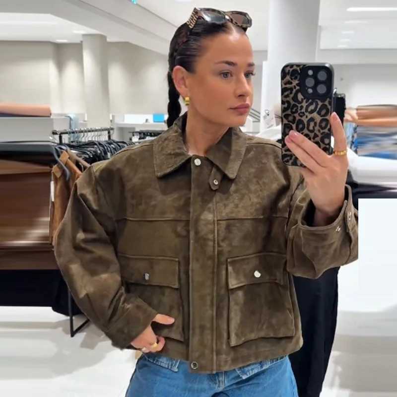 HXAO Green Faux Suede Jacket Womens Bomber Jacket Autumn 2025 New In Coats Jackets Chic Elegant Pockets Long Sleeve OuterwearT260328