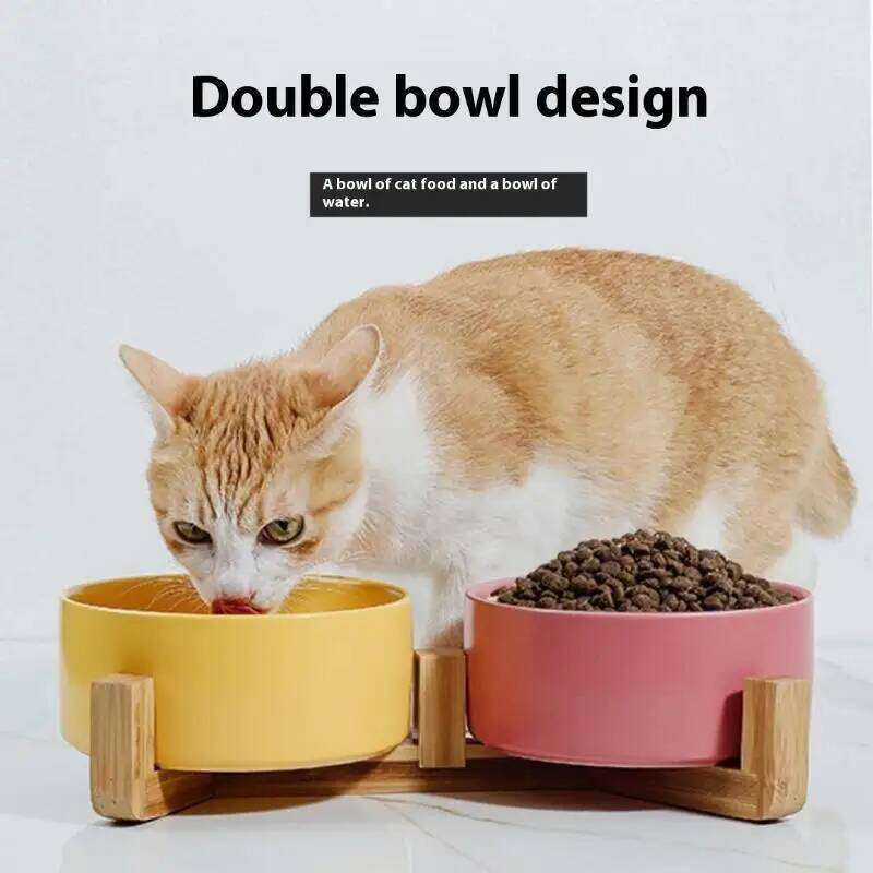 FGG Ceramic Dog Food Cat Drinking Water Double Protection Cervical Spine Black Pet Bowl 26W0330