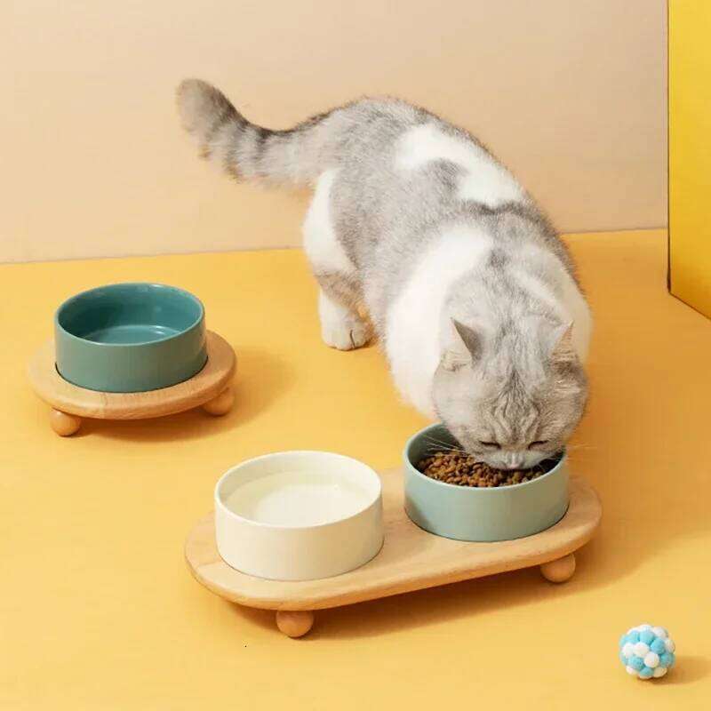1800ML Ceramic Small Dog Food Water Bowl Elevated Cat Large Capacity Double Feeding Bowls with Wooden Stand Pet Drink Eat Feeder 26W0330
