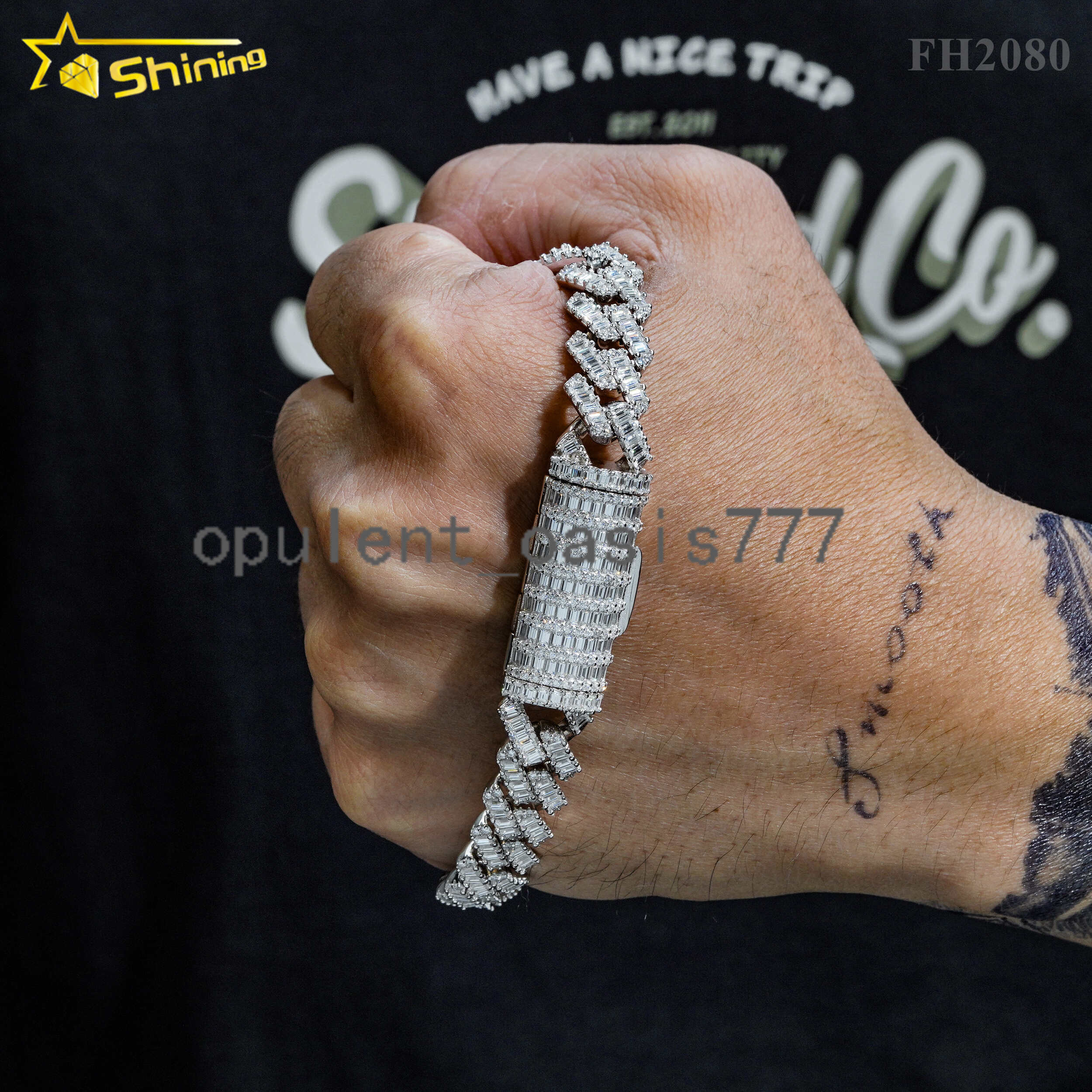 Pass Diamond Tester Hip Hop Jewelry 12mm Solid 925 Silver Box Clasp Baguettes Iced Out Men VVS Moissanite Cuban Bracelet