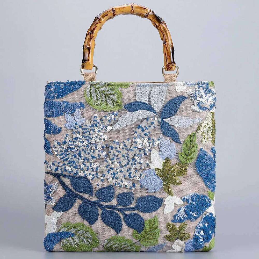 Chinese Embroidery Bamboo Handle Embroidery Shopping Bag Retro Ladies Lace Weaving Tote Colorful Sequins Cotton Linen Woven Handbag With Inner Bags Cl