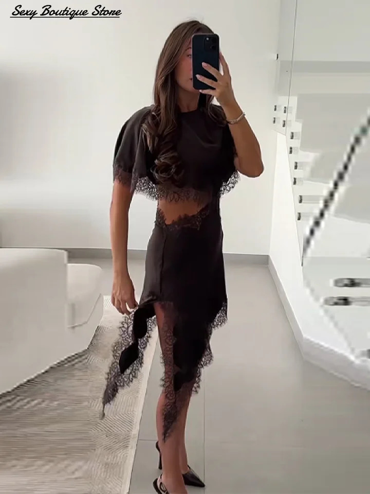 Sexy Vintage Brown Lace Satin Hollow Out Dress O Neck Shawl Half Sleeve Party Robes Chic Vacation Vestido Lady Dresses 260326