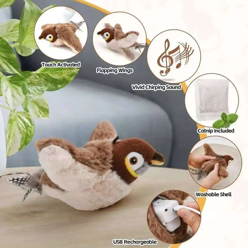 Bird Interactive Cat Toys Rechargeable Chirping Flapping Birdno Flying Can Add Catnip Touch Activated Plush Toy