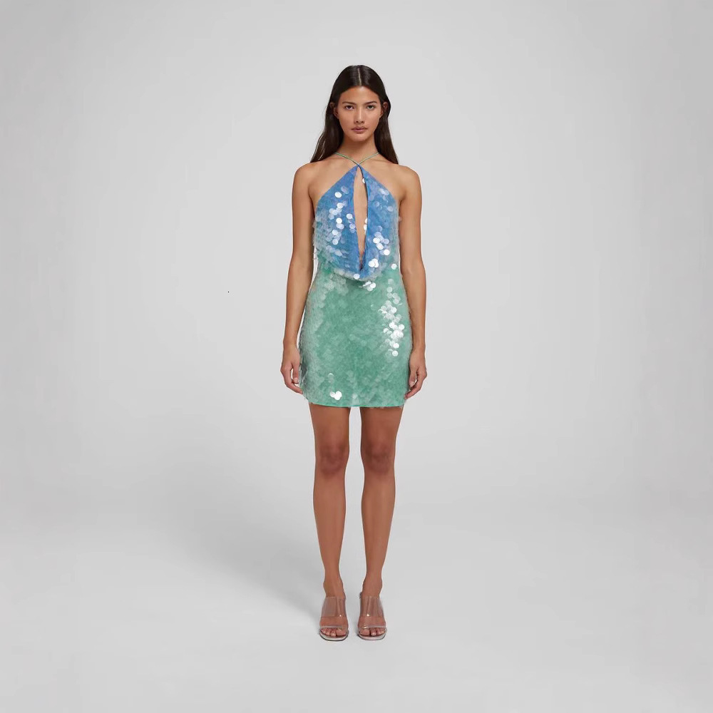 2025 New Fashion Sexy Sequin Elegant Slim Fit Womens Halter Neck Backless Strap Dress