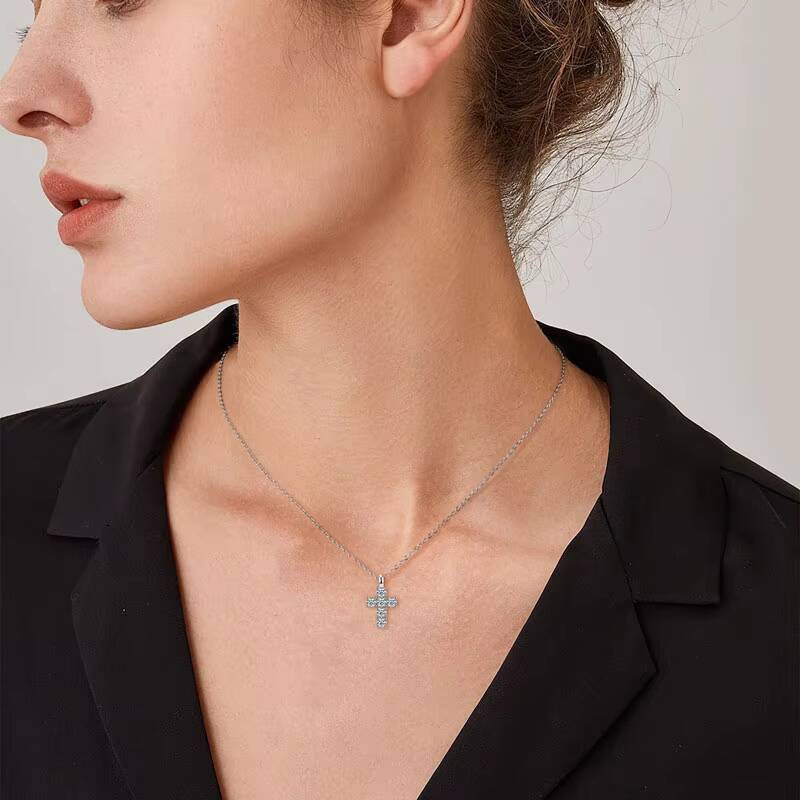 925 Silver Certified 35mm Moissanite Women Men Faithful Charm Religion Choker Christian Gifts Cross Pendant Necklace