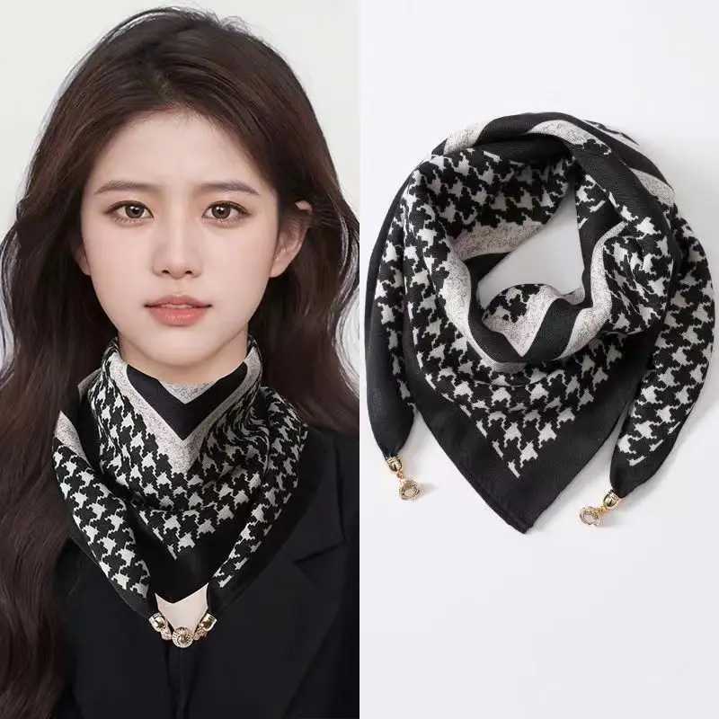 Luxury High-End Silk Scarf With Magnetic Buckle Satin Finish Breathable Sunscreen Neck Protector Lightweight Women Square Scarf Z260330