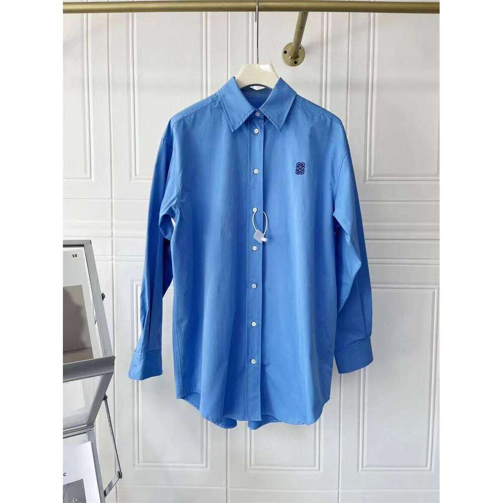 Women Long Sleeve Blue Urn-Down Collar Logo Embroidery Irregular Shirt Mdng260330