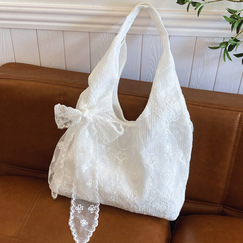 Free Shipping High Value Lace Embroidery Shoulder Bag for Women Cute Bowknot Tote Bag Casual Beach Handbag
