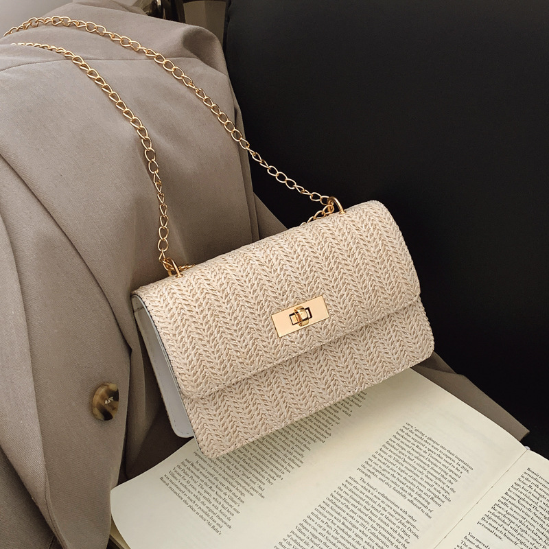 Free Shipping High Value Straw Woven Crossbody Bag for Women Pearl Beaded Handbag Summer Beach Chain Shoulder Bag with Multiple Sizes