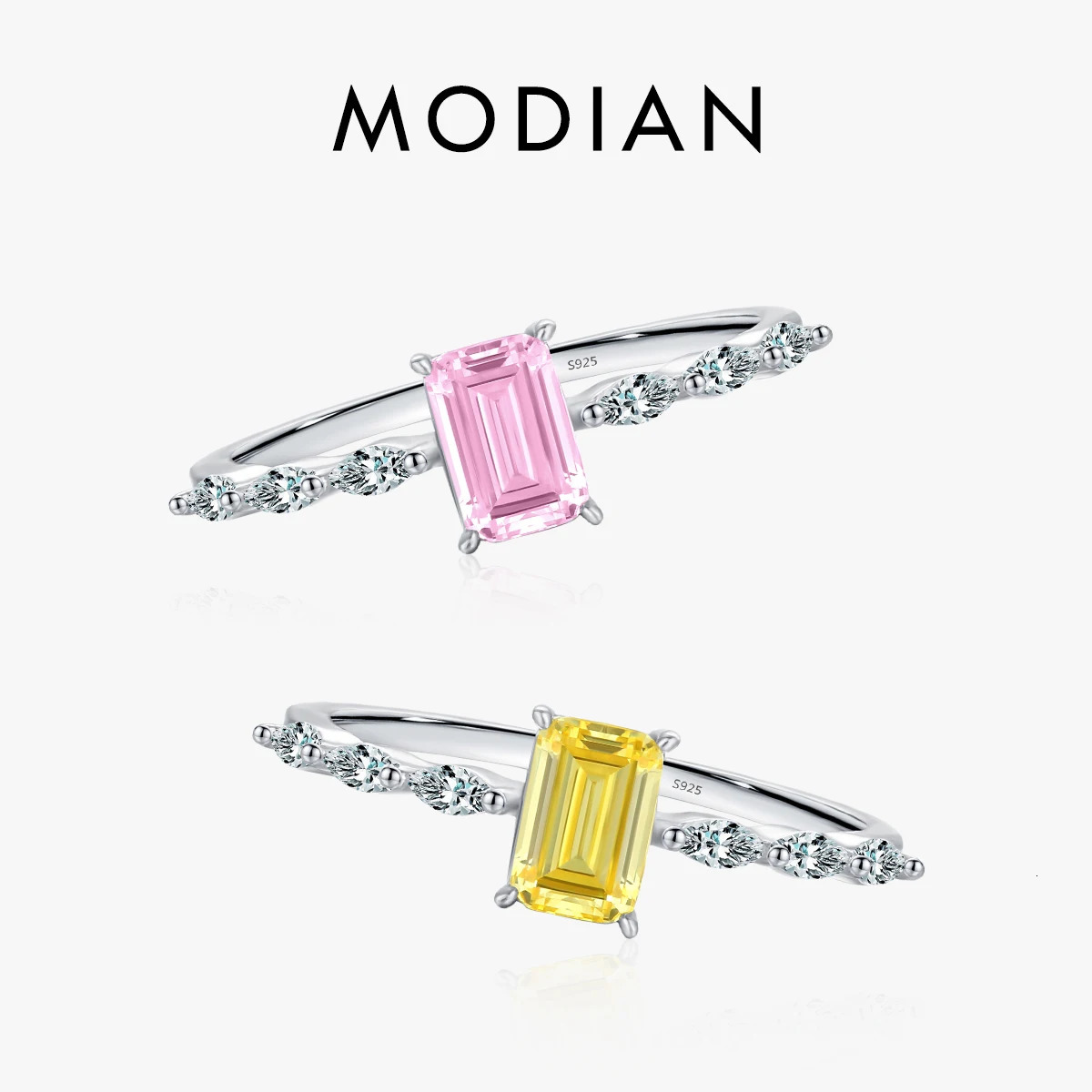 MODIAN Real 925 Sterling Silver Exquisite Sparkling Emerald Cut Pink Yellow Zirconia Ring For Women Wedding Fine Jewelry 260324