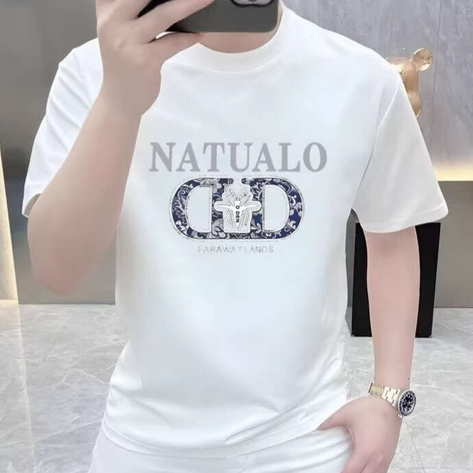 Pure cotton short-sleeve t-shirt 2026 summer men's stylish letter print round neck light luxury new fashion trendy loose fit tee