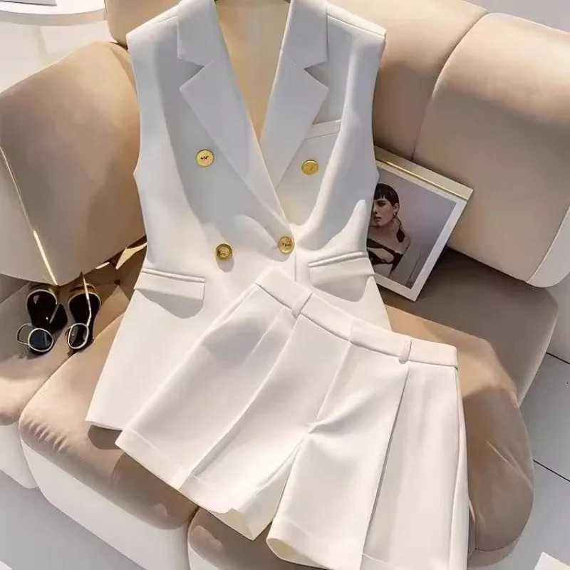 Elegant Office Lady Sleeveless Blazer and Shorts Set with Gold Button White Two Piece Suit Women Summer Business Casual Outfit 260326
