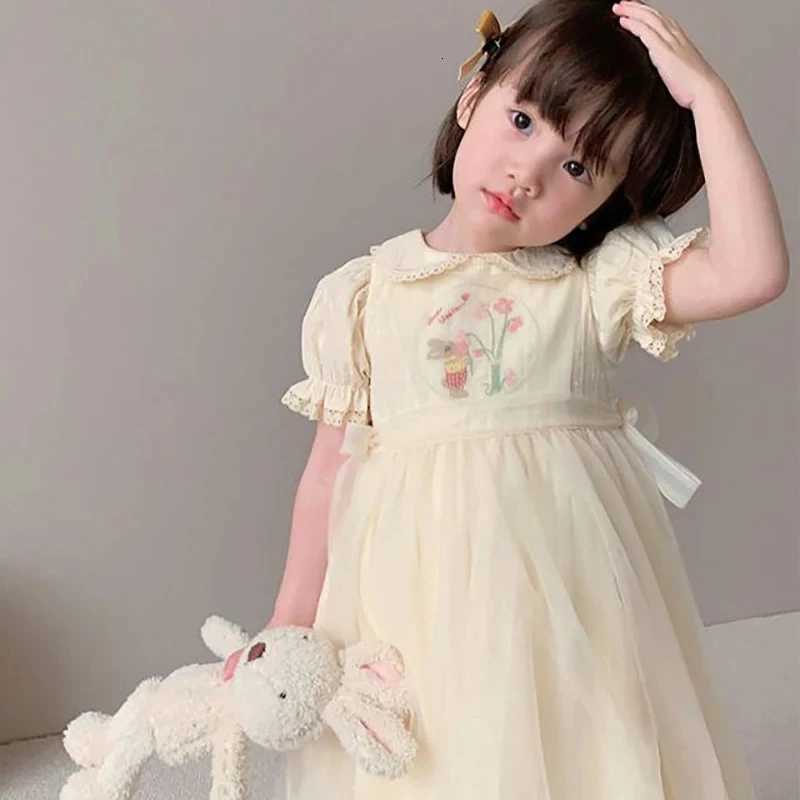 1-9Y New Baby Kid Girl Spring Summer Cream Color Kids Infant Dress Children Doll Collar Embroidered Yarn Dress Girls ClothesT260330