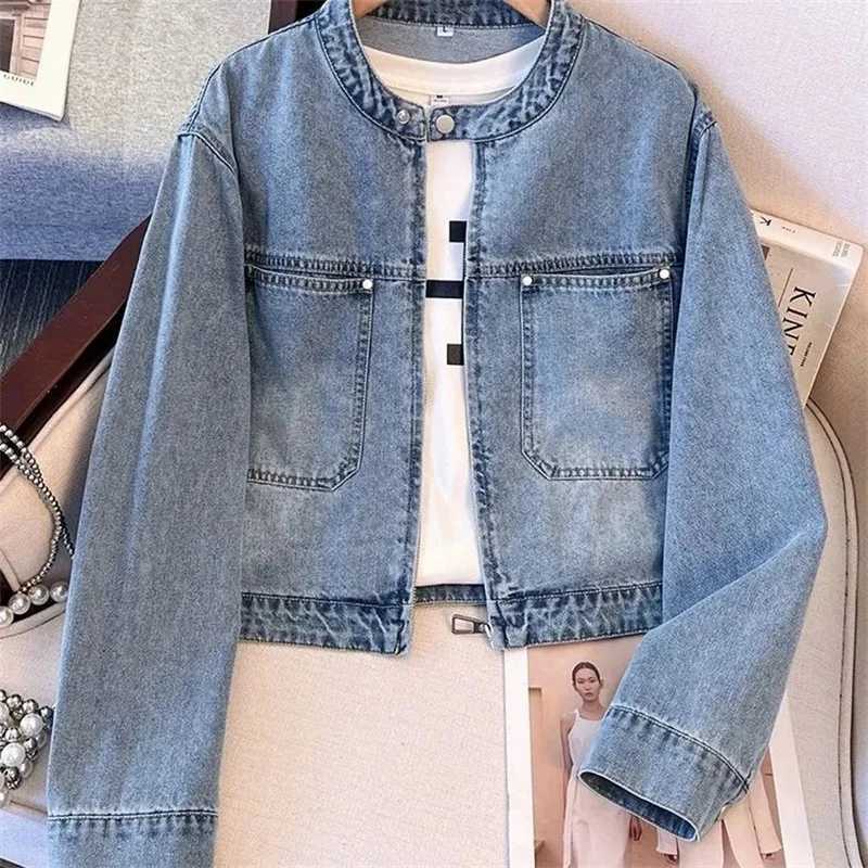 Round neck Denim Jacket For women Spring Autumn 2025 New Slim Short Cardigan Thin Jackets Female Motorcycle Zipper Outwear topT260328