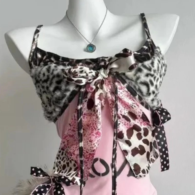 90s Harajuku Vintage Slim Camisole Subculture Leopard Patchwork Bow Halter Vest Y2K Aesthetic Letter Print Tanks Slim Women Tops 260327
