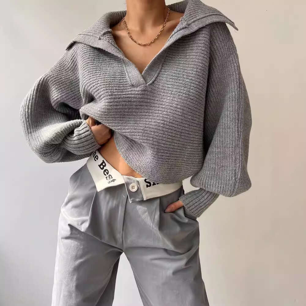 2026 European American cross-border autumn and winter hot-selling casual loose lantern sleeve open-neck pullover women's short sweater