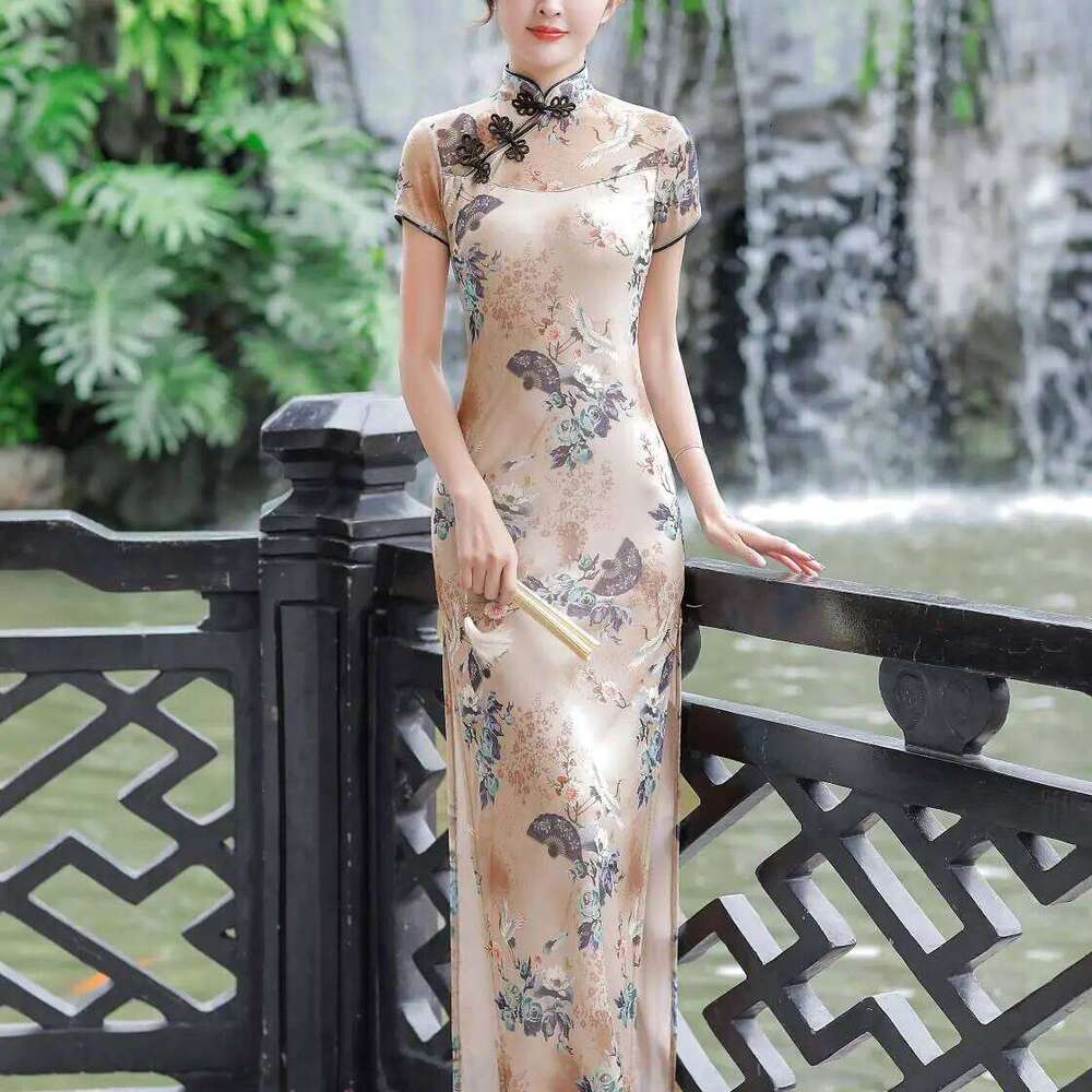 Women New Plus Size Summer Long Cheongsam Lined Vintage Evening Dress Slim Elegant Wedding Show Costumes Qipao M To 5Xl MAKOUFEI