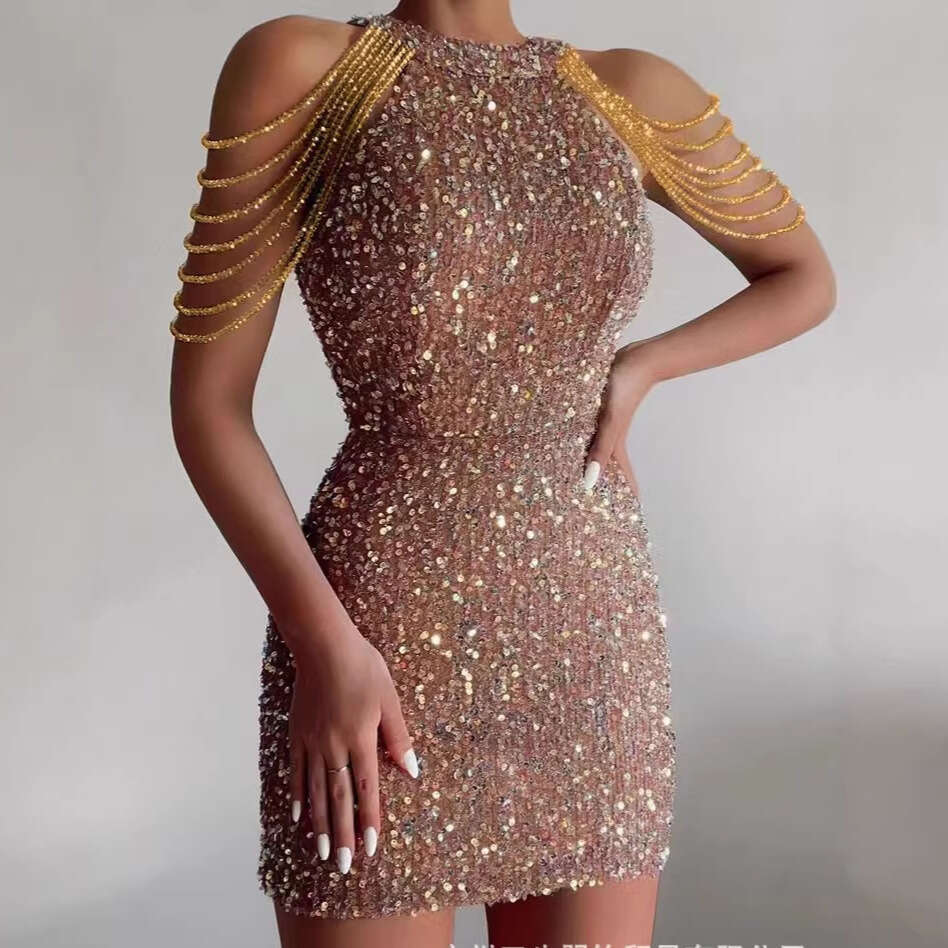 2026 A11 Spring/Summer New Designer Off Shoulder Collar Sexy Crystal Chain Tight Glitter Mid Waist Evening Dress