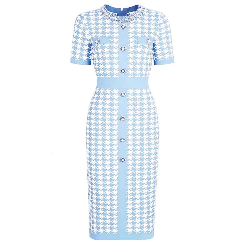Spring and summer new designer European and American high-quality knitted D7 round neck slim fit women's short sleeved dress