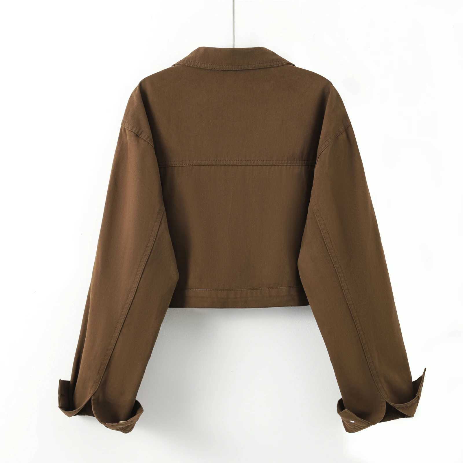 Retro Brown Short Denim Jacket Turndown Collar Long Sleeves Loose Fashion Versatile Jacket 2025 Spring Autumn New Womens TopT260328